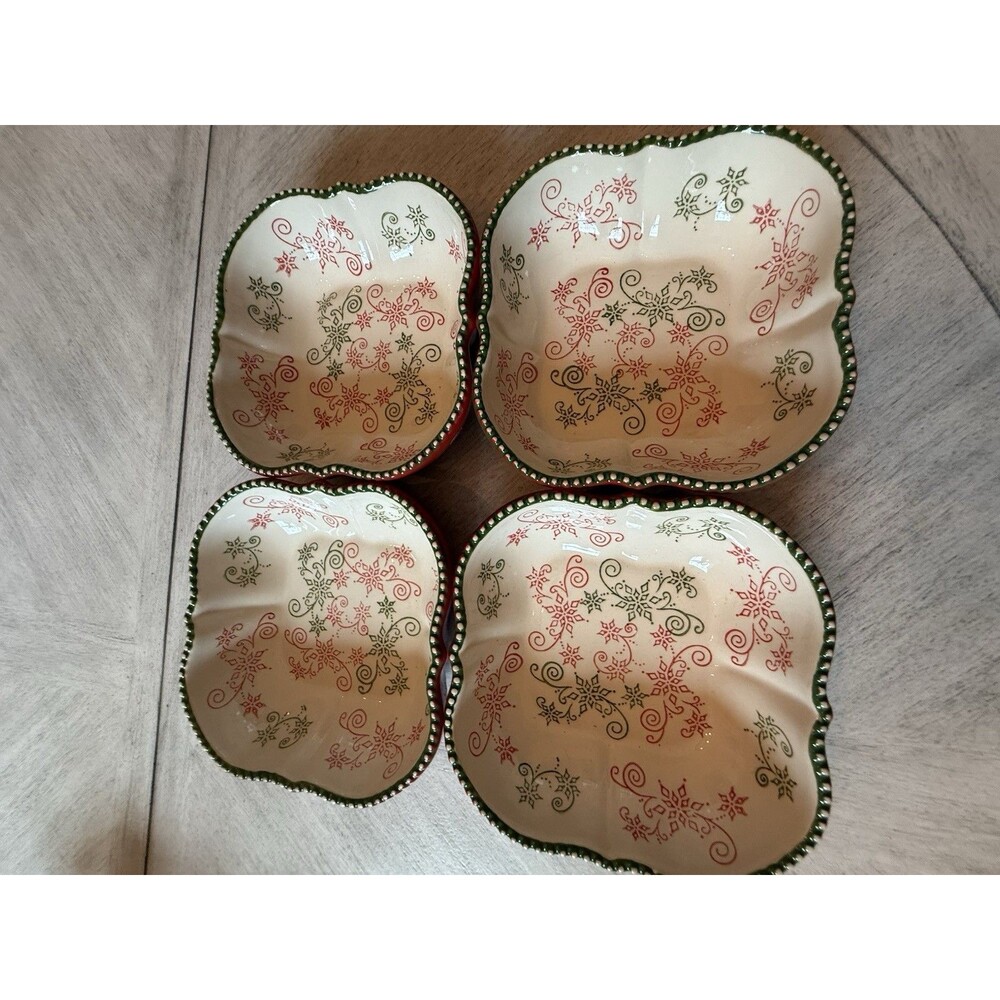 TEMPTATIONS 'Christmas Floral Lace' (x4)‎ Square Soup Bowl 7.5" Beaded Edge EUC